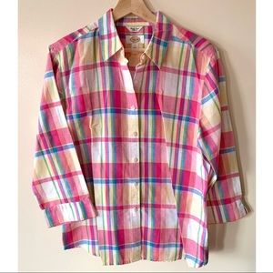 Talbots • L •  Irish Linen/Cotton Blend Plaid Button Up 3/4 Sleeve Shirt Top